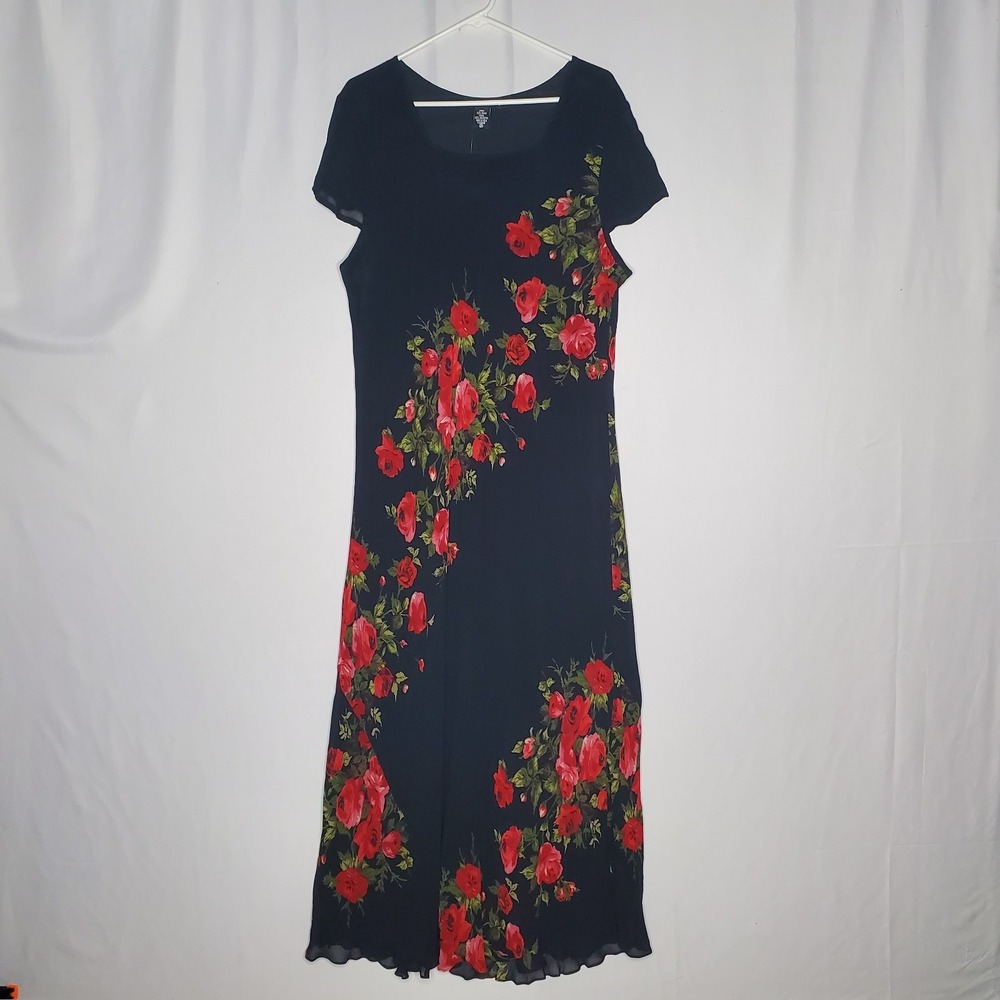 American Angel 2X Vtg Black Red Rose Dress Flutter Whimsigoth Romantic Maxi